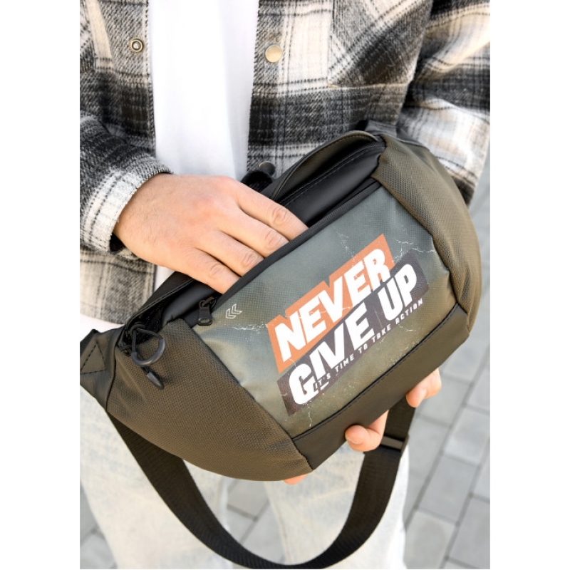Велика чорна чоловіча поясна сумка бананка Sambag NEVER GIVE UP (80411319m)