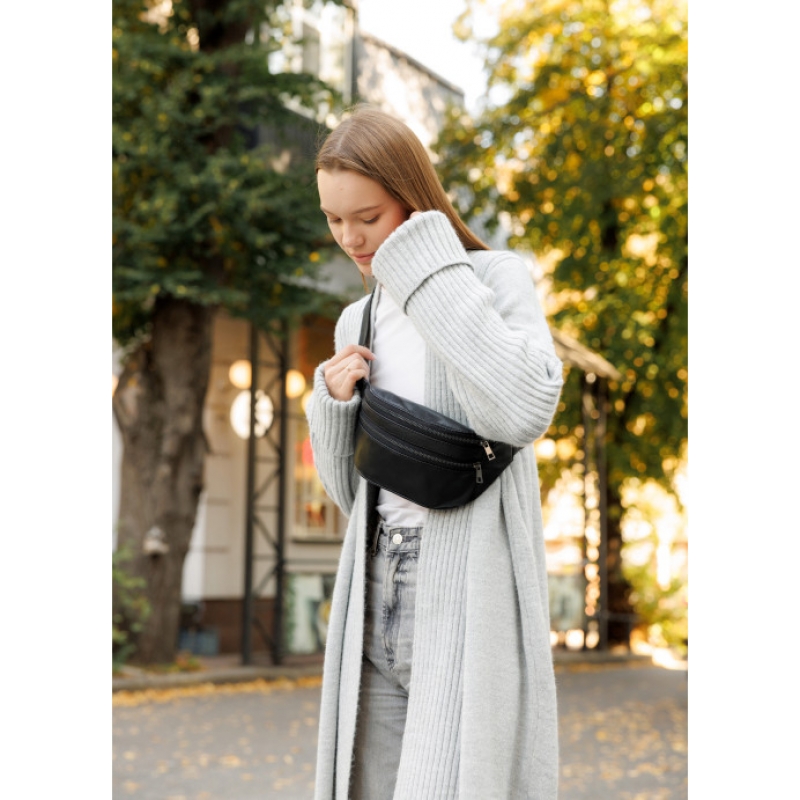 Жіноча умка на пояс бананка шкіряна Sambag Tirso BTT чорнa зі шкіряним ремнем (81339001)