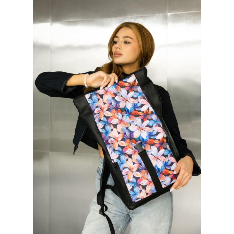 Жіночий рюкзак Sambag Roll Top One чорний принт "Flowers" (24208153)