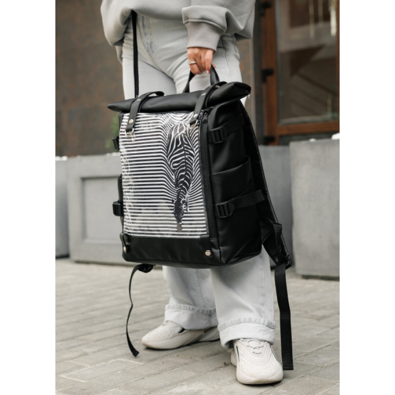 Жіночий рюкзак Sambag RollTop Hacking чорний принт "Zebra" (24460121)