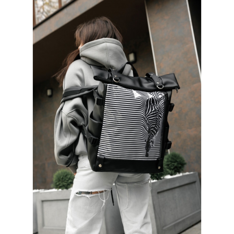 Жіночий рюкзак Sambag RollTop Hacking чорний принт "Zebra" (24460121)