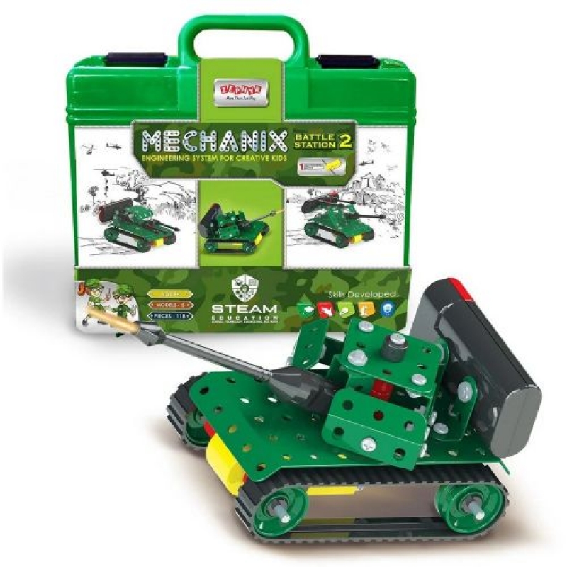 Металевий конструктор з електромотором у пластиковому кейсі "MECHANIX"Військові(118елм/5мод) (02124) (склад -T-)